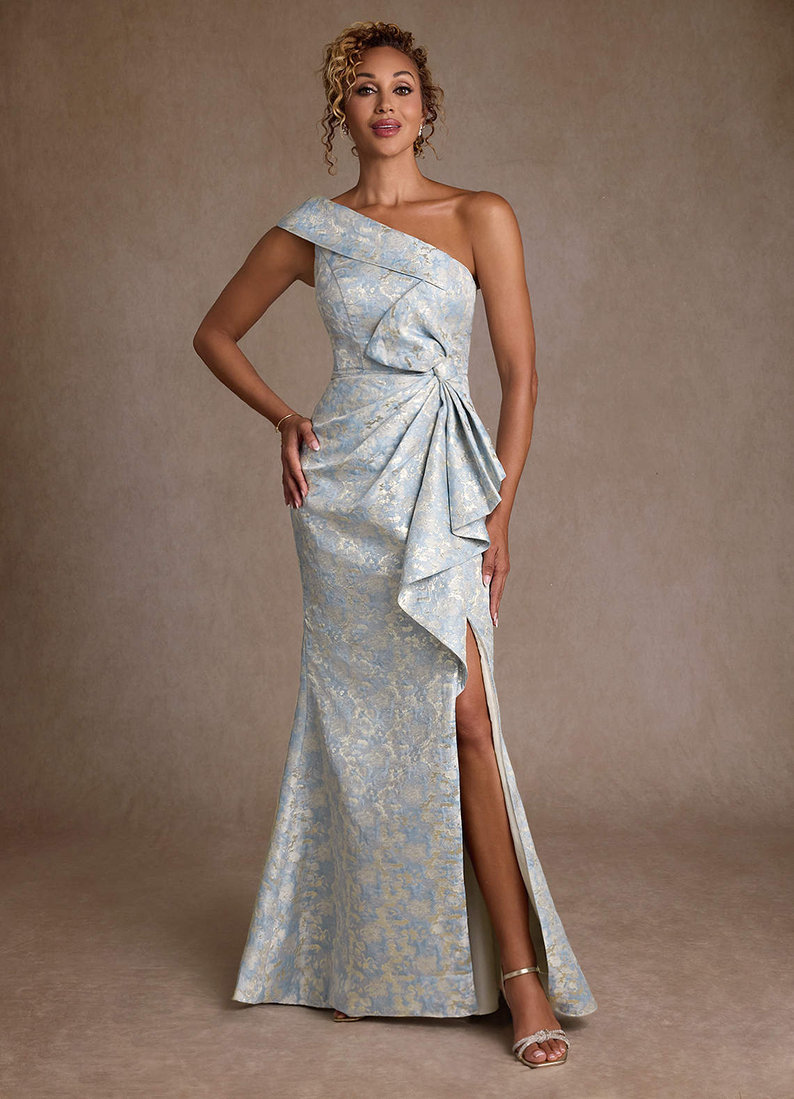 Hampton Mermaid One-Shoulder Jacquard Mother of the Bride Dress in dusty blue