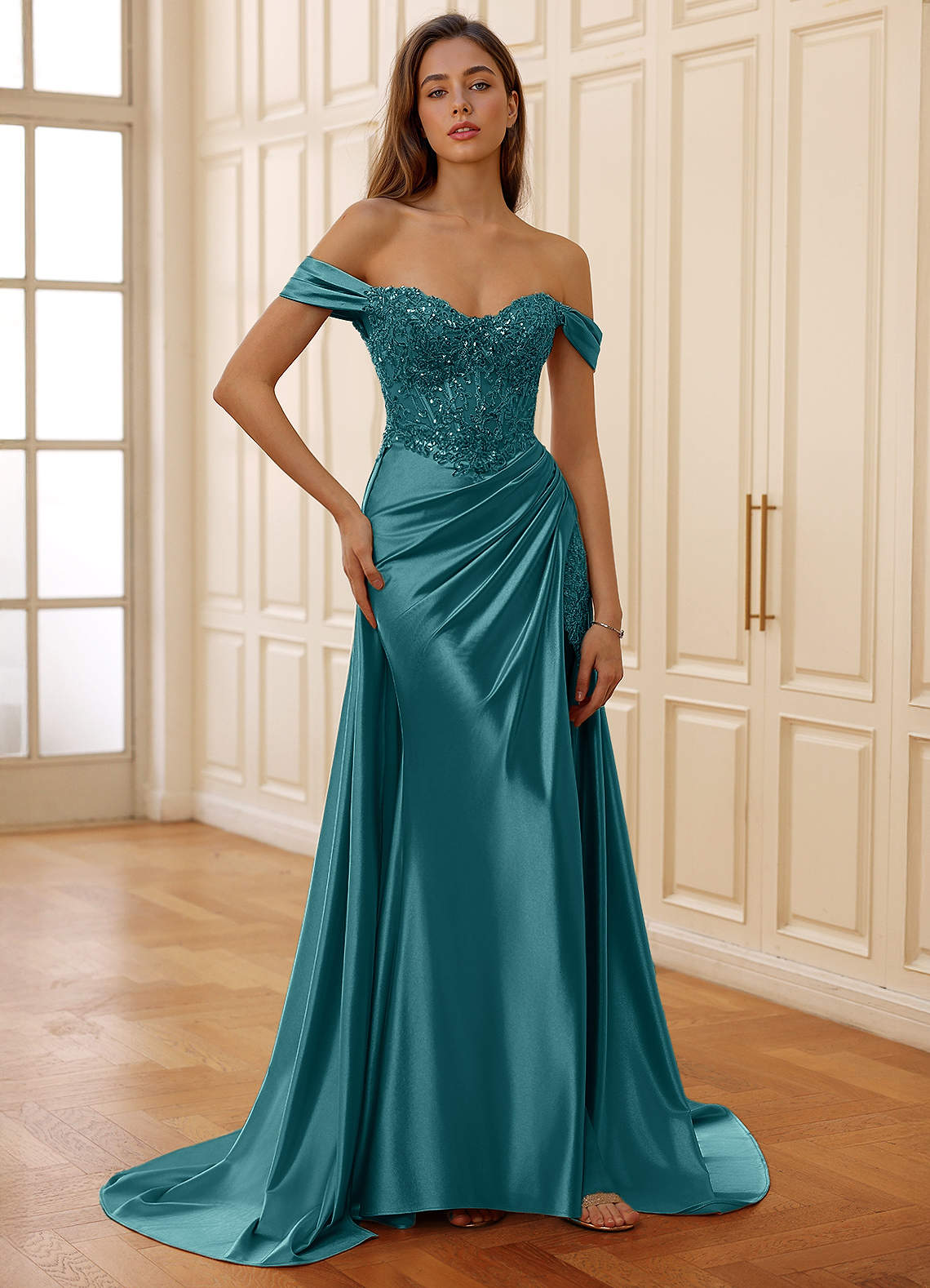 Rowane A-Line Off-the-Shoulder Satin Evening Dress in Plum