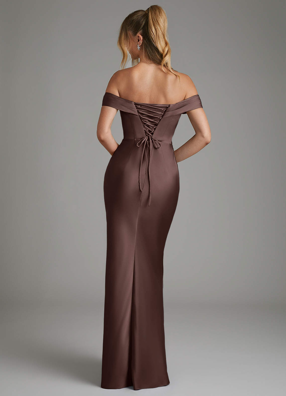 Hayden Mermaid Off-the-Shoulder Stretch Satin Bridesmaid Dress in Ganache
