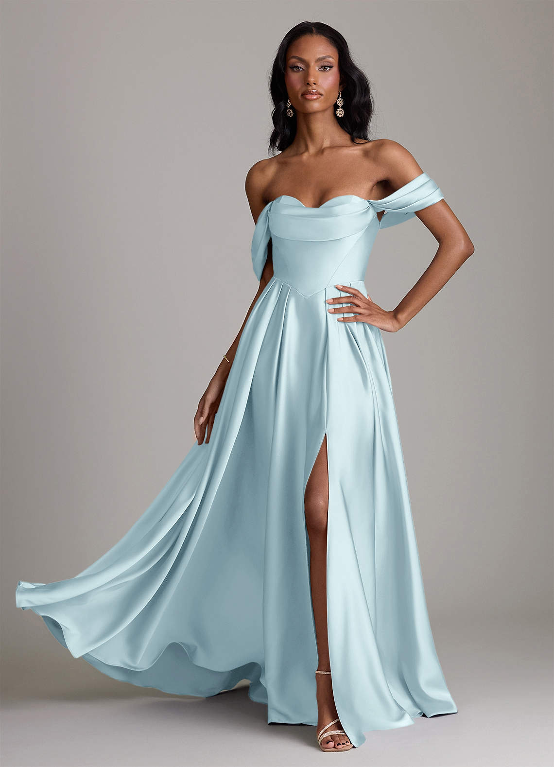 Loisa A-Line Off-the-Shoulder Stretch Satin Bridesmaid Dress in Cloud Blue
