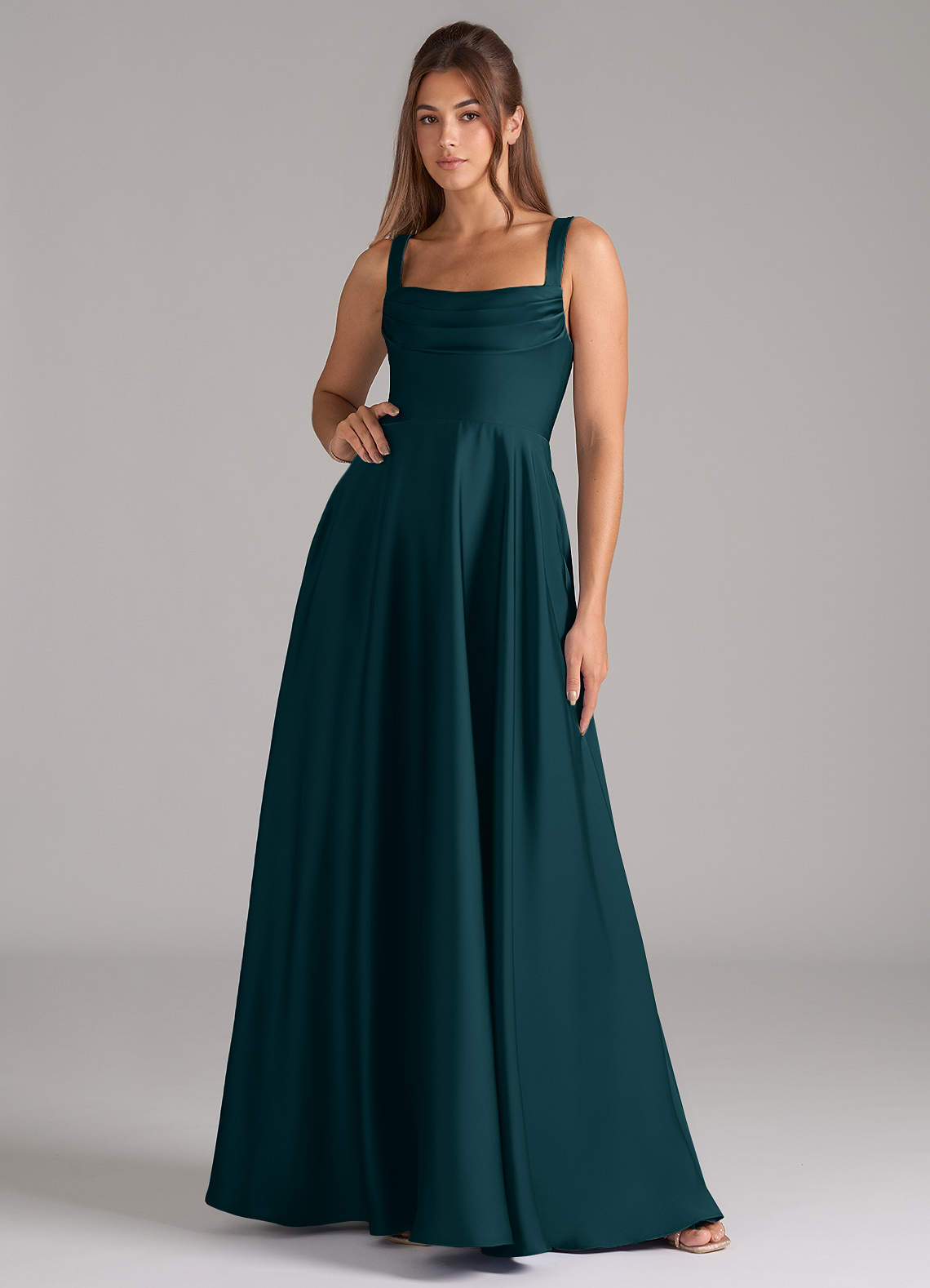 Shaude A-Line Square-Neck Stretch Satin Bridesmaid Dress in Pine