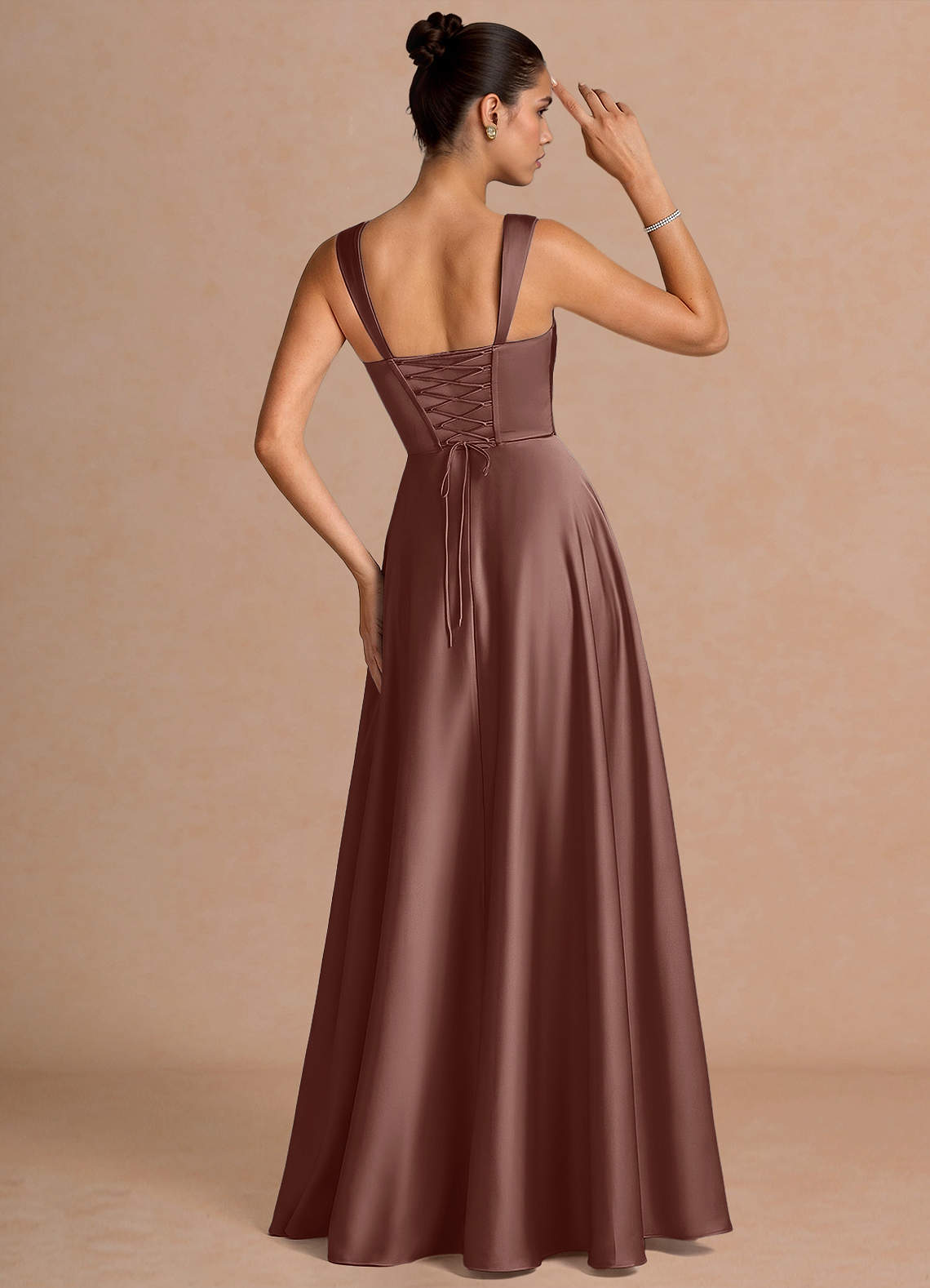 Azaria A-Line Square-Neck Stretch Satin Wedding Guest Dress in Mocha Coco