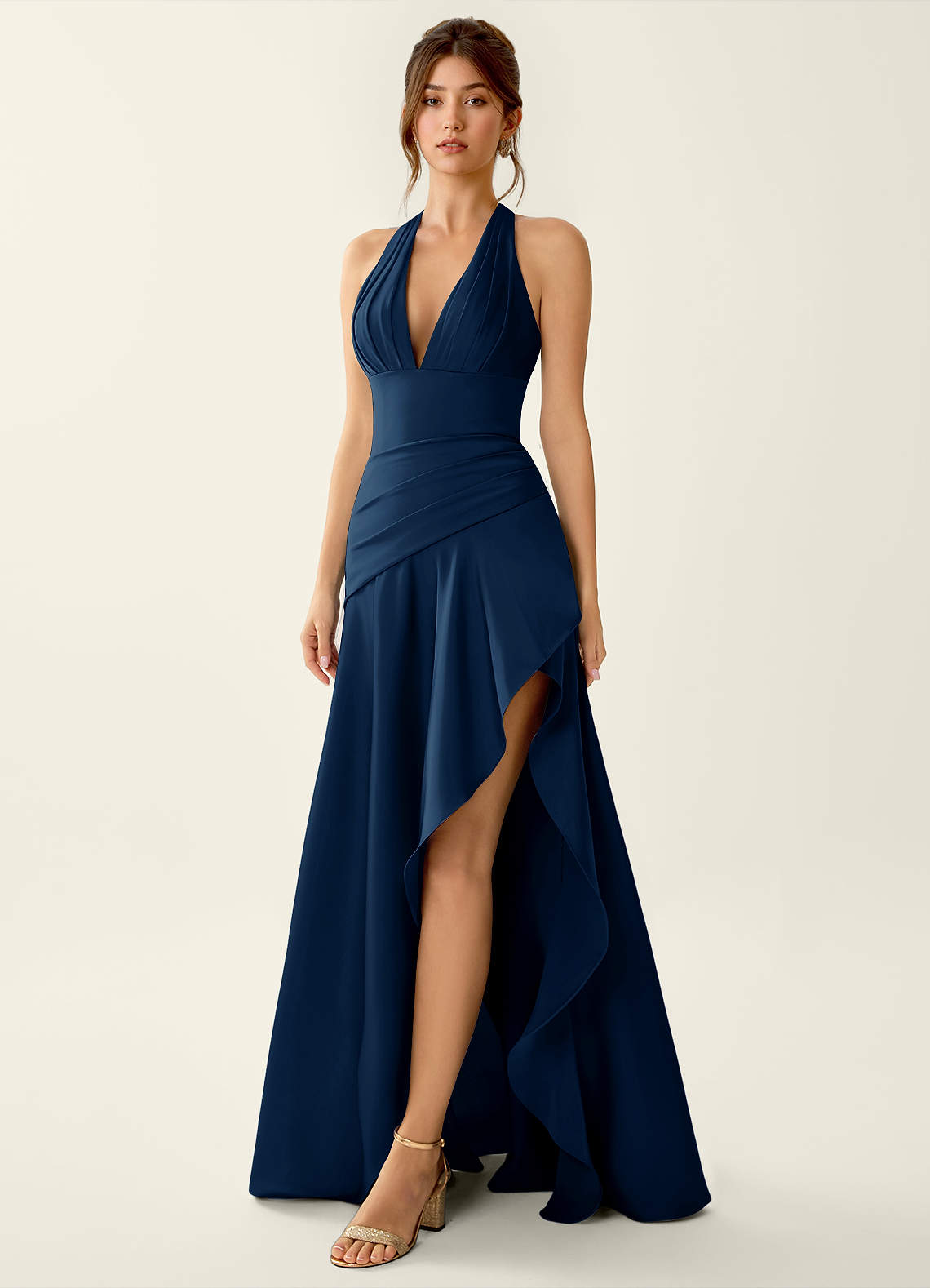 Titania Halter Asymmetric-Ruffle Satin Evening Dress in Pastel Yellow