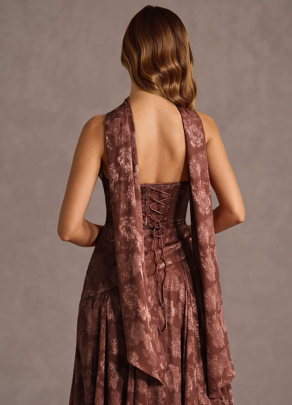 Gabriela A-Line Corset Fil Coupé Wedding Guest Dress in Mocha Coco
