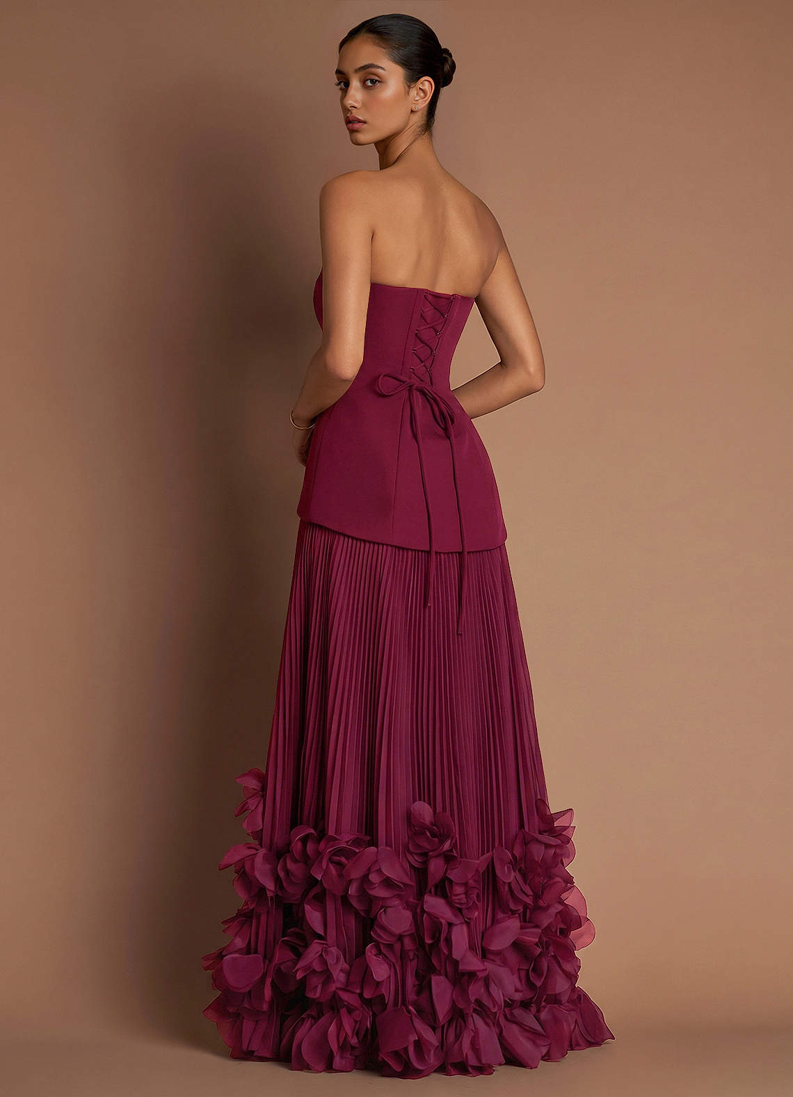 Marnie A-Line Corset Crepe Chiffon Evening Dress in Merlot
