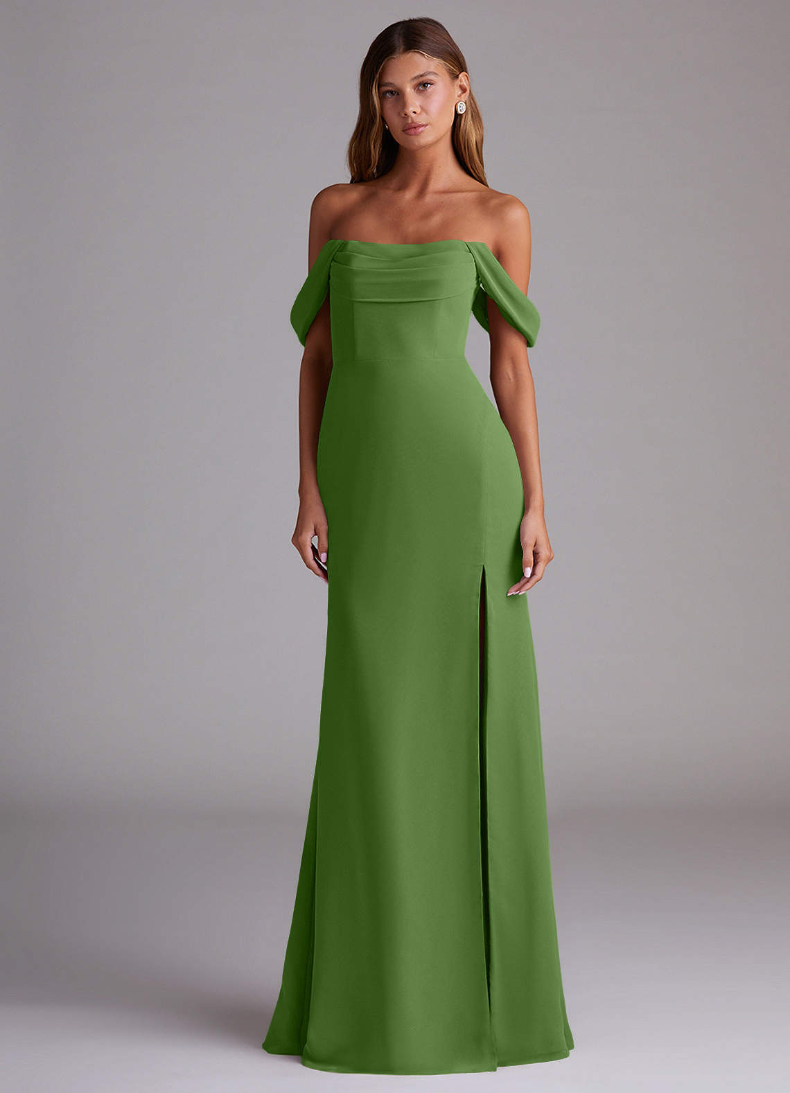 Saige A-Line Off-the-Shoulder Chiffon Bridesmaid Dress in Basil