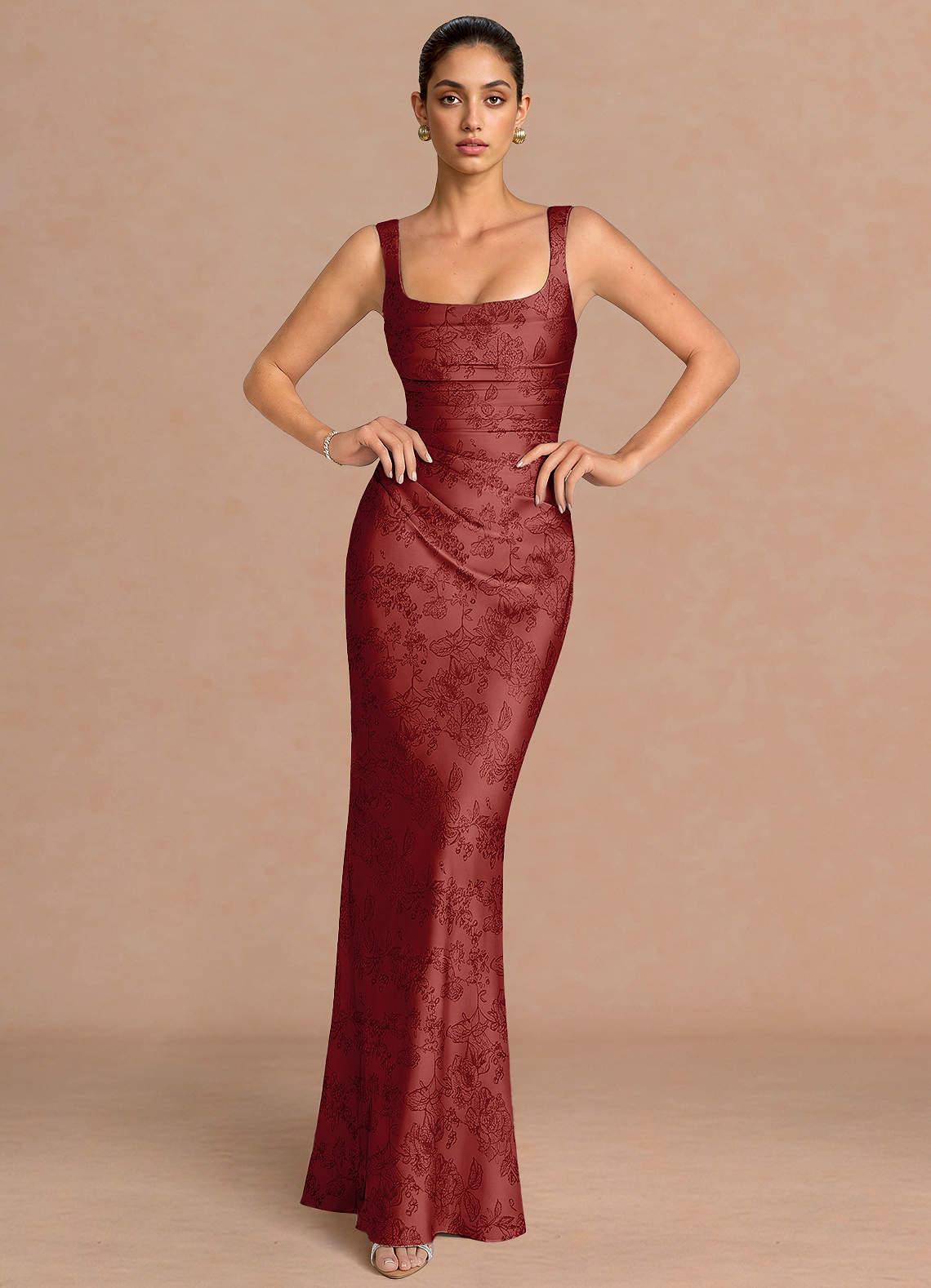 Agustina Square-Neck Pleated Jacquard Evening Dress in Moss Navy