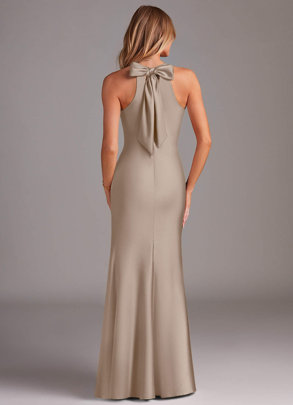 Doretta Mermaid Halter Stretch Satin Bridesmaid Dress in Taupe