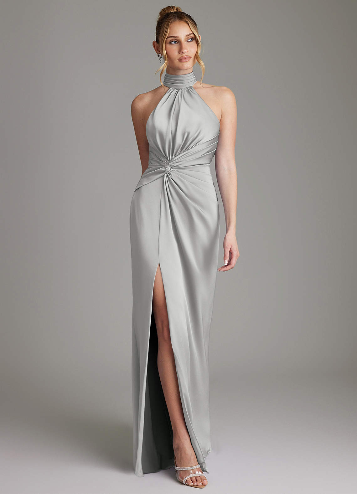 Gracelynn Sheath Halter Stretch Satin Bridesmaid Dress in Silver