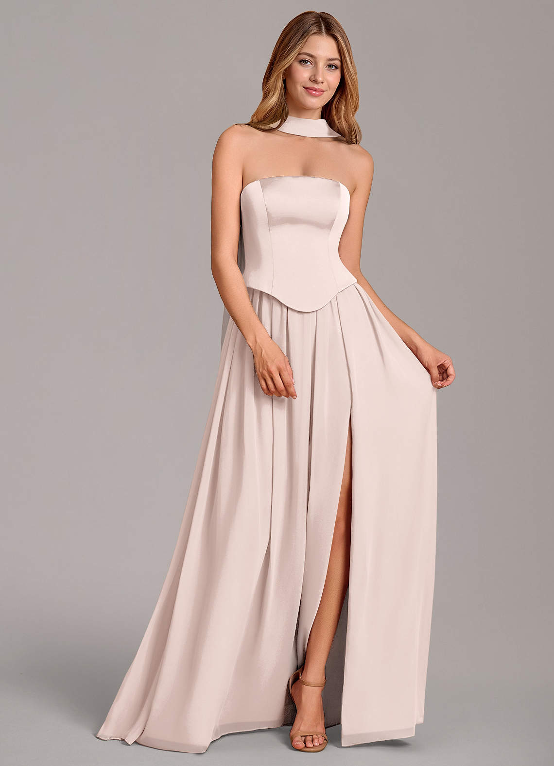 Cadence A-Line Strapless Chiffon and Stretch Satin Bridesmaid Dress in Blushing Pink