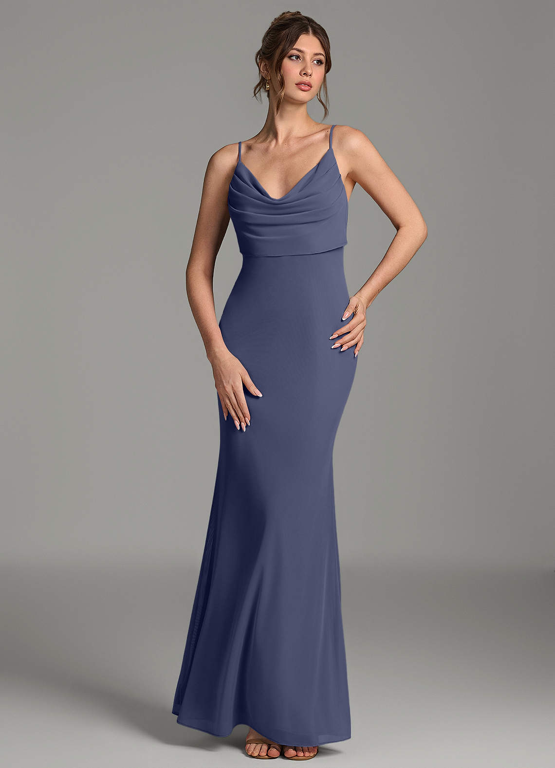 Zari Mermaid Cowl-Neck Mesh Bridesmaid Dress in Stormy