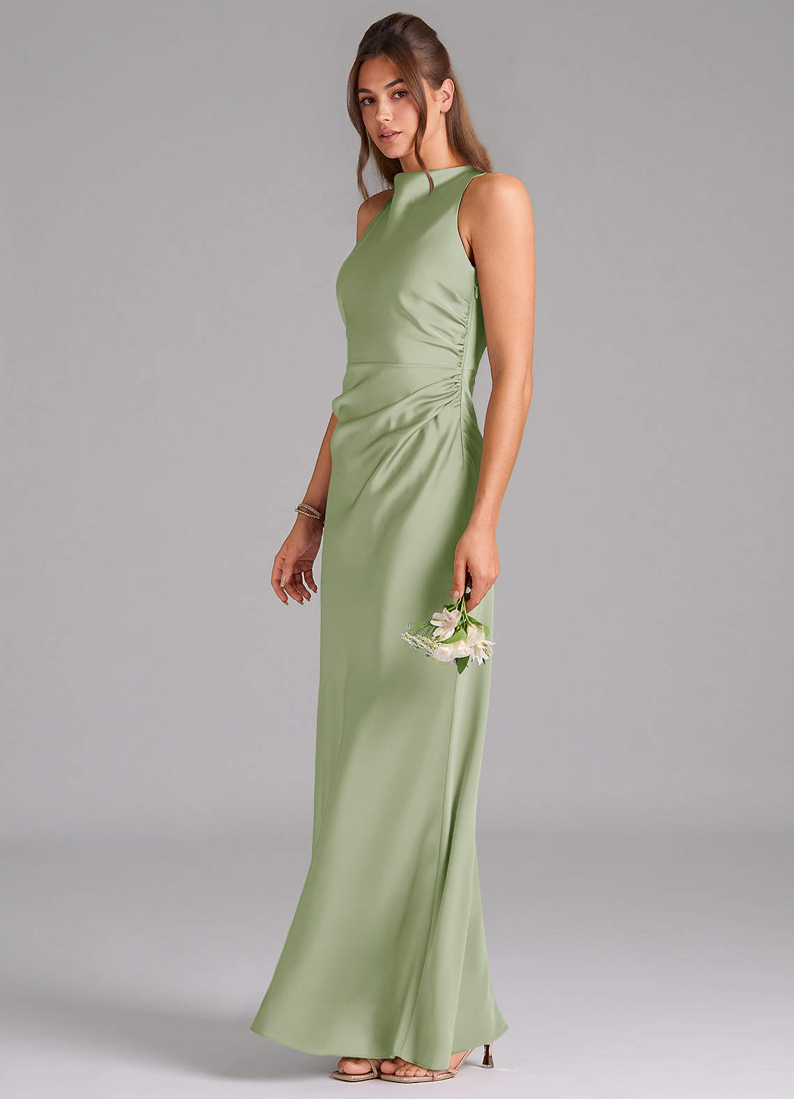 Evadne Sheath Scoop-Neck Stretch Satin Bridesmaid Dress in Dusty Sage