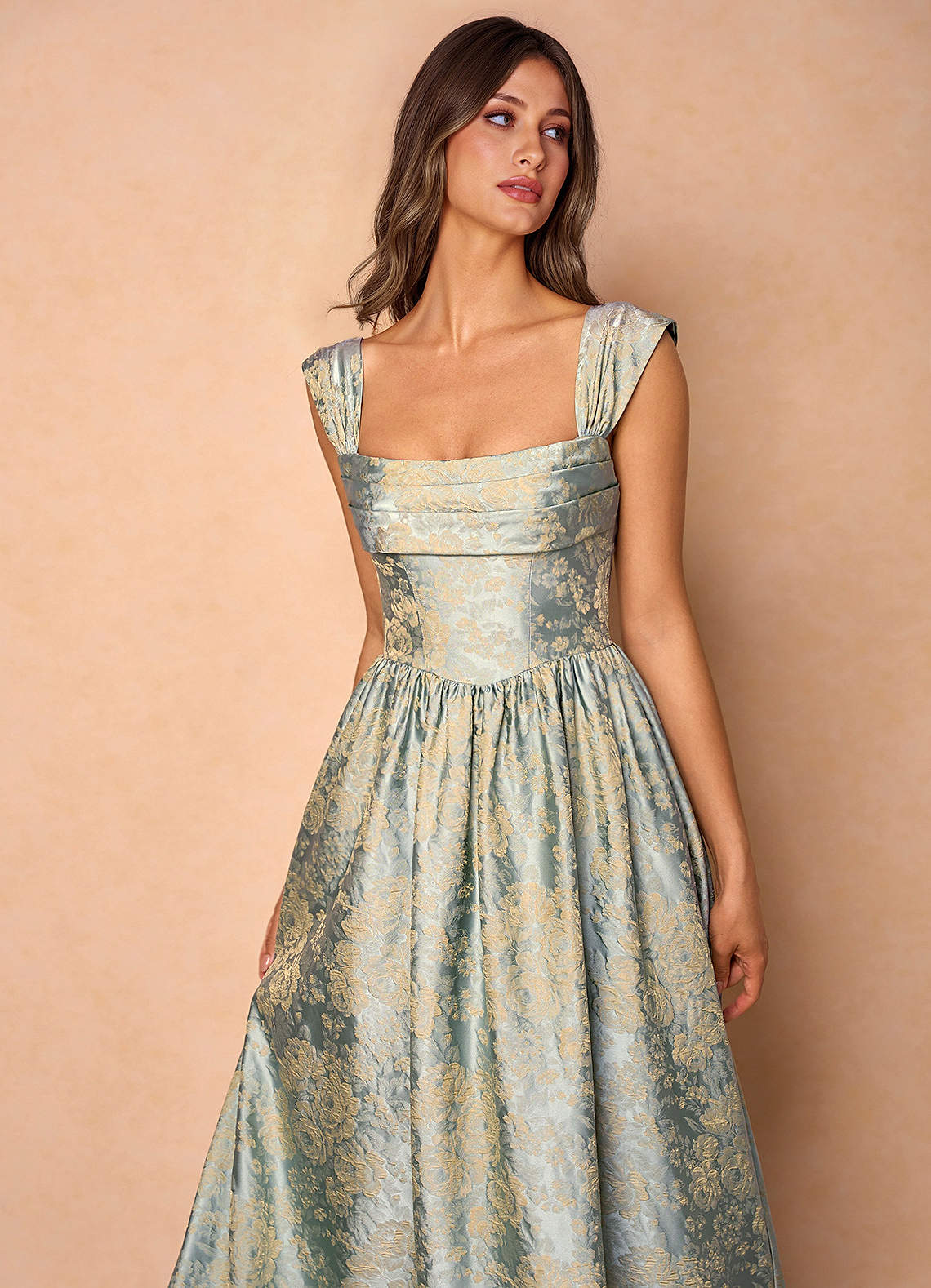 Runa Ball Gown Pleated Jacquard Taffeta Evening Dress in Vintage Blue