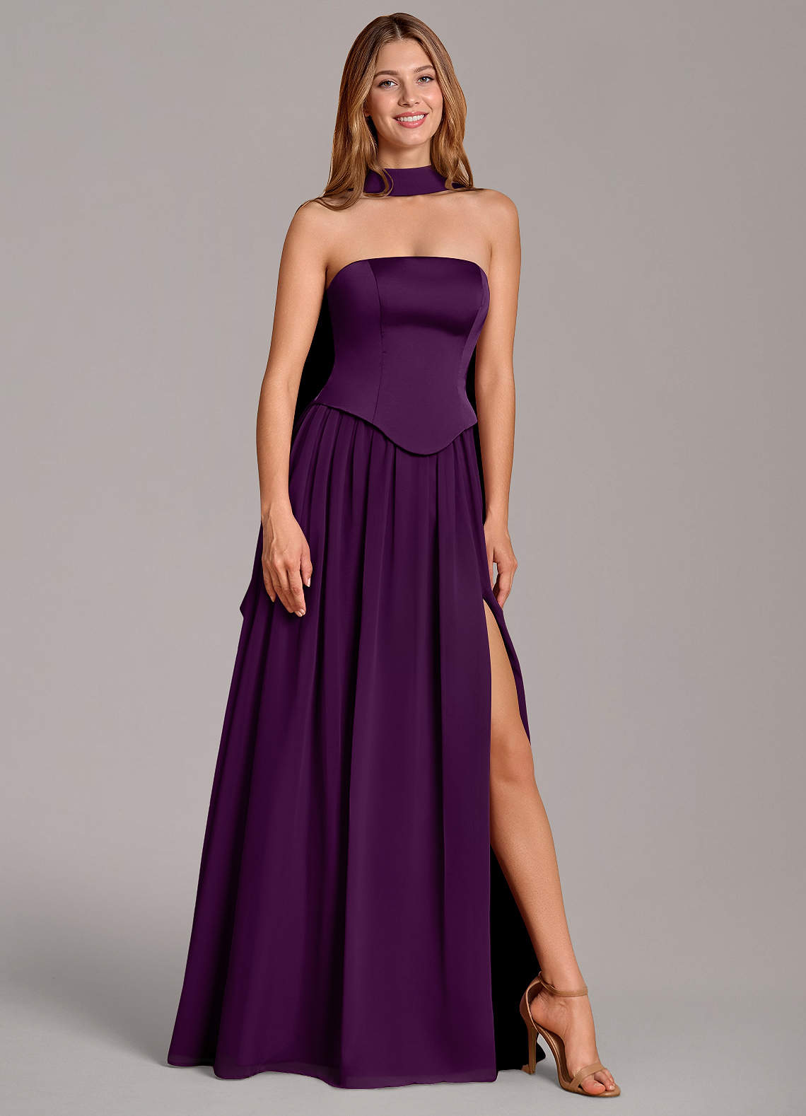 Cadence A-Line Strapless Chiffon and Stretch Satin Bridesmaid Dress in Grape