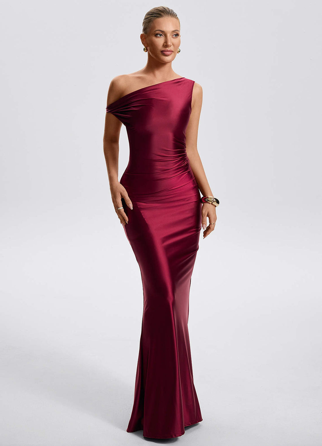 Amaryllis One-Shoulder Flowing Liquid Satin Evening Dress in Cabernet