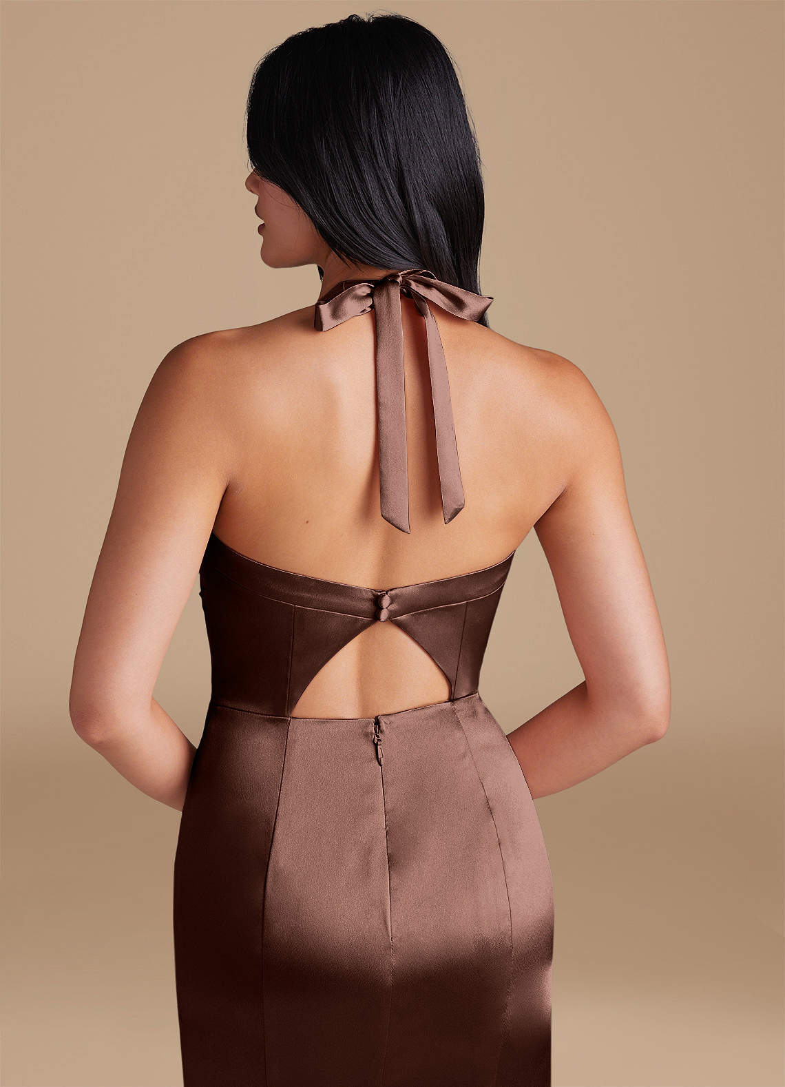 Emeria Sheath Halter Metallic Satin Bridesmaid Dress in Espresso