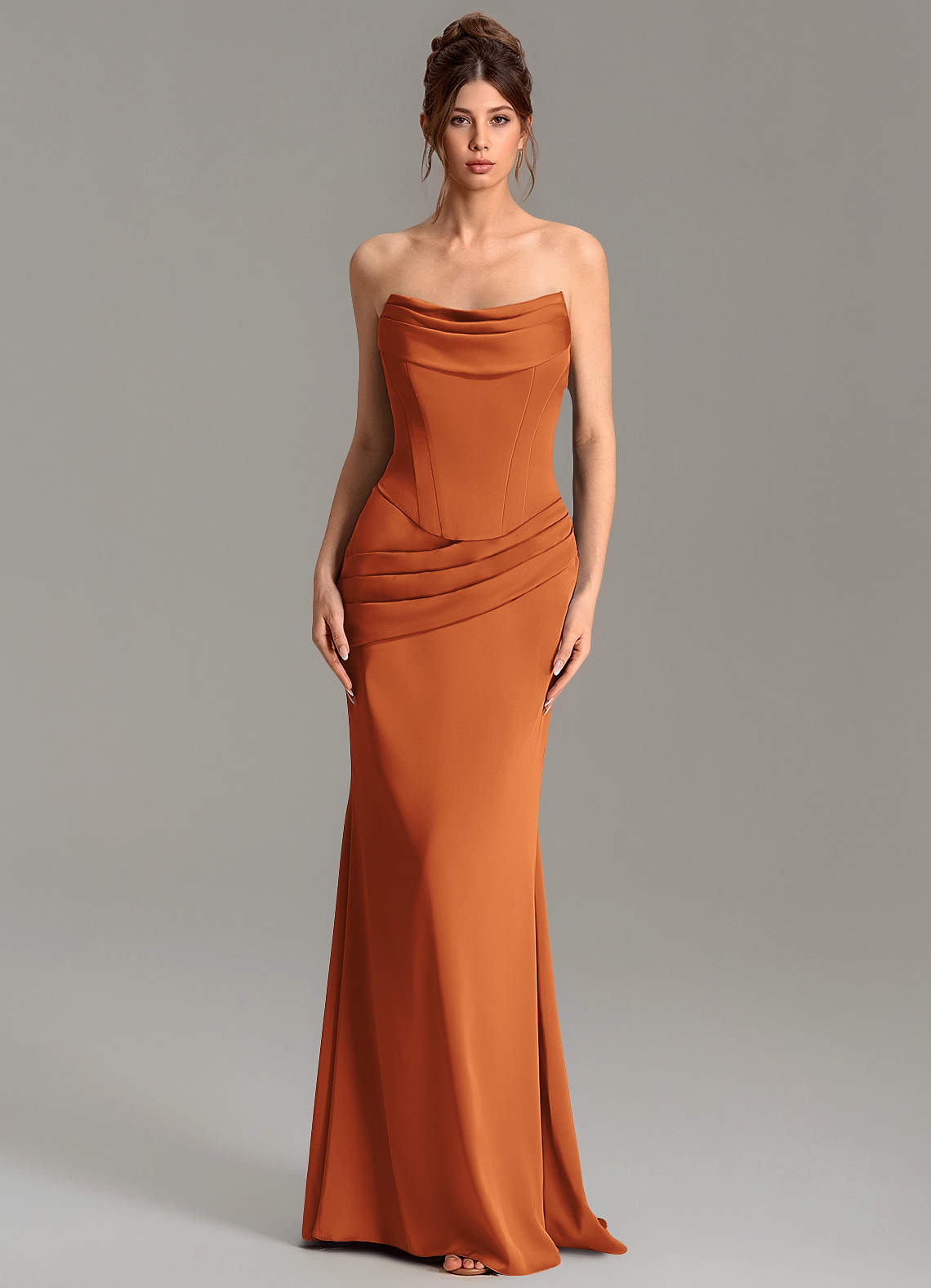 Adrienne Mermaid Cowl-Neck Stretch Satin Bridesmaid Dress in Cinnamon