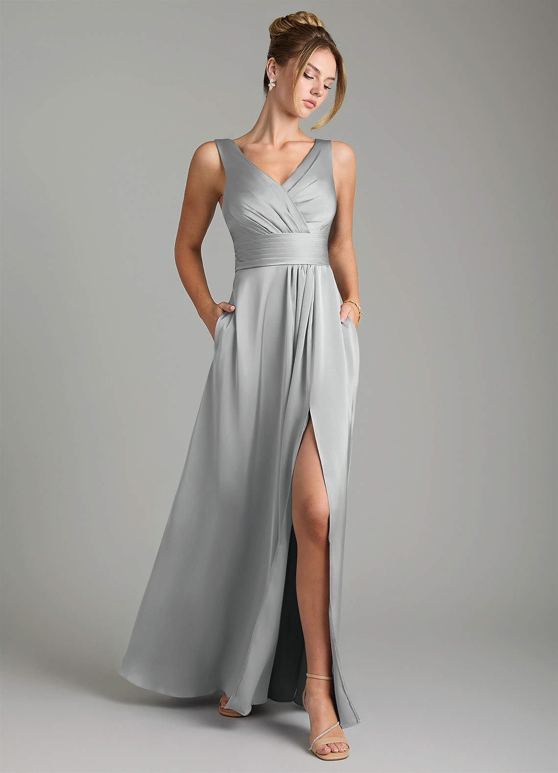 Karina A-Line V-Neck Stretch Satin Bridesmaid Dress in Silver