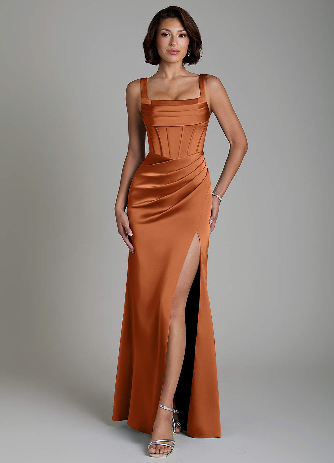 Amora Mermaid Square-Neck Stretch Satin Bridesmaid Dress in Copper