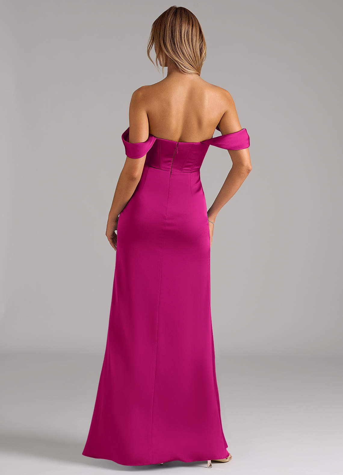 Johana Mermaid Off-the-Shoulder Stretch Satin Bridesmaid Dress in Fuchsia