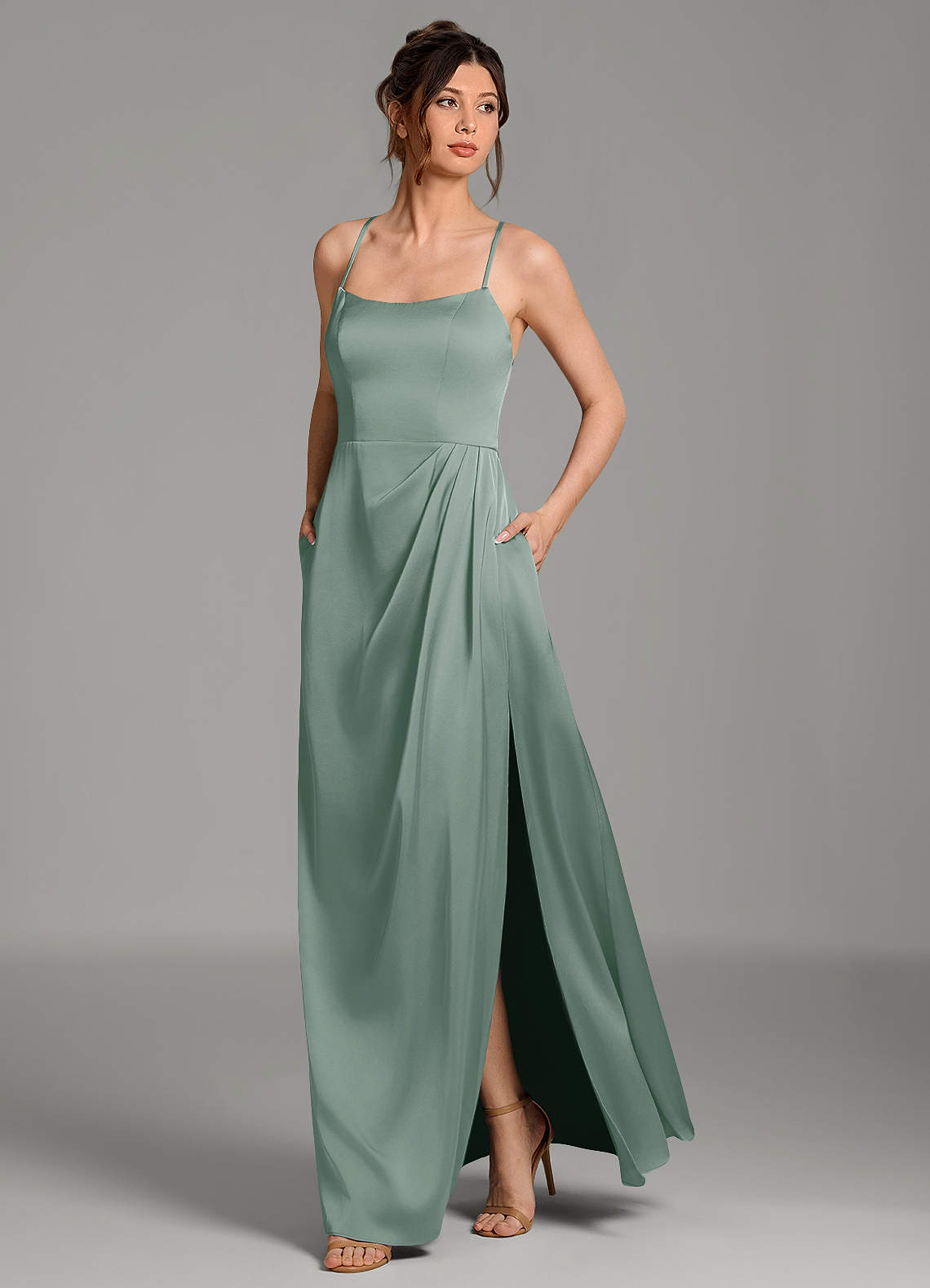 Frankie A-Line Scoop-Neck Stretch Satin Bridesmaid Dress in Silver Sage