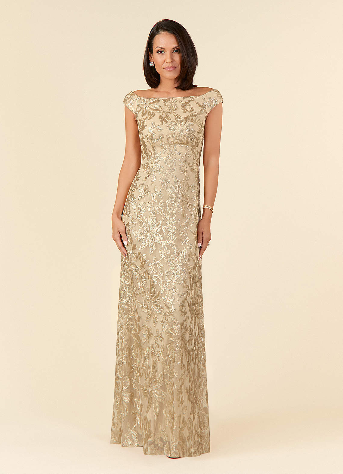 Porcelain A-Line Off-the-Shoulder Lace Mother of the Bride Dress in champagne