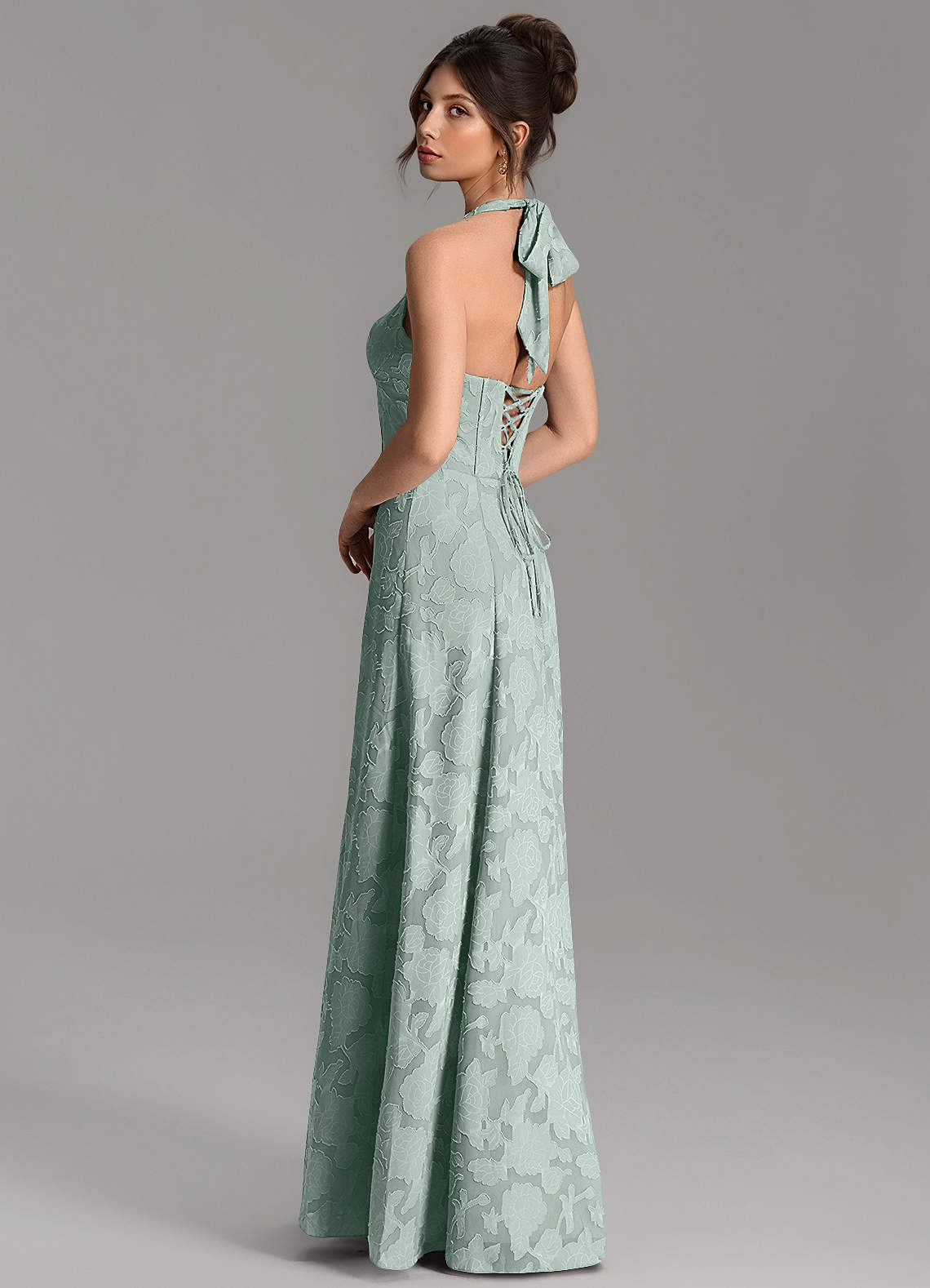 Nia A-Line V-Neck Floral Burnout Bridesmaid Dress in Agave