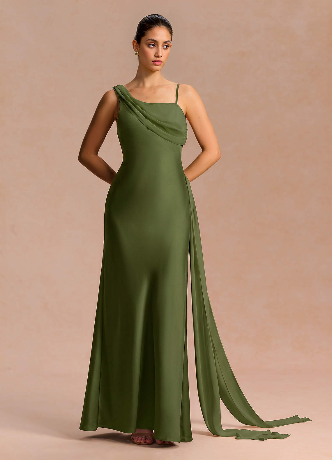Ixchel A-Line Corset Crepe Chiffon Evening Dress in Olive