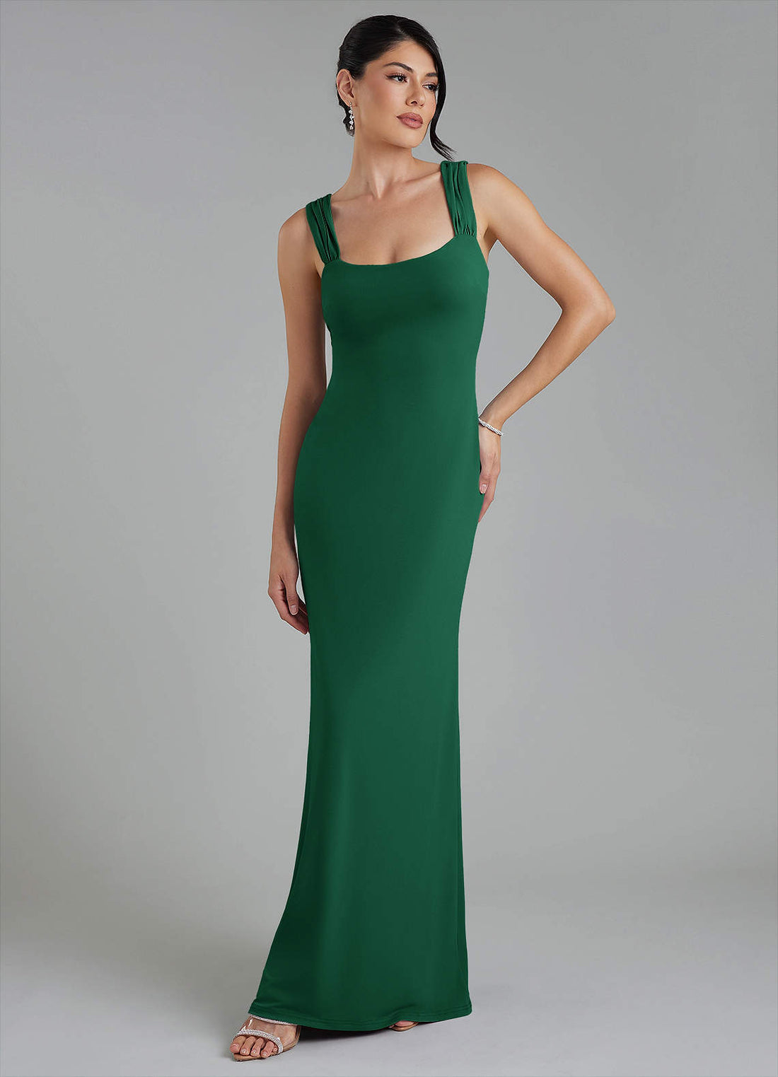 Ariel Mermaid Square-Neck Stretch Jersey Bridesmaid Dress in Emerald