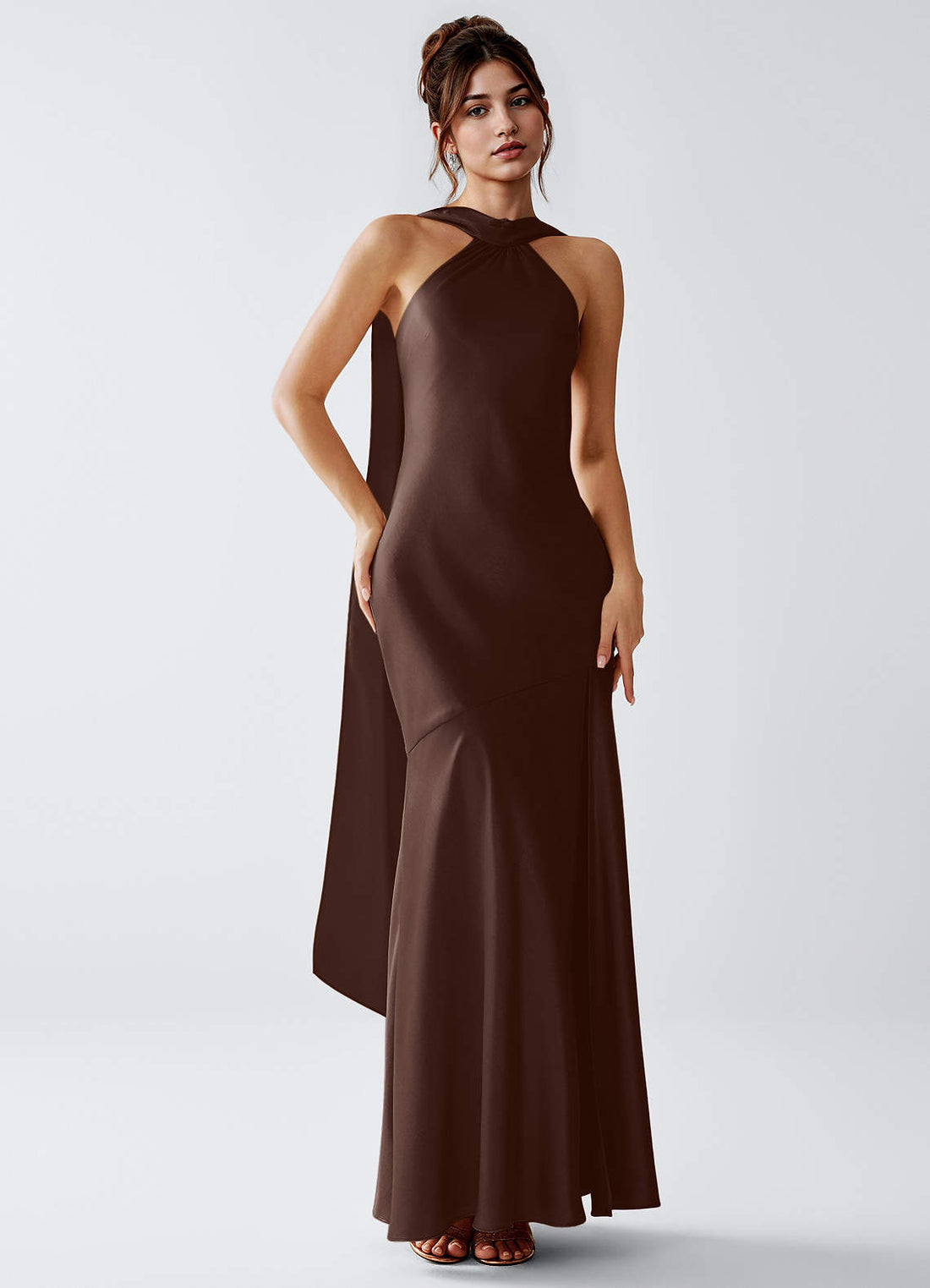 Veronica A-Line Ribbon-Detail Luminous Satin Wedding Guest Dress in ganache