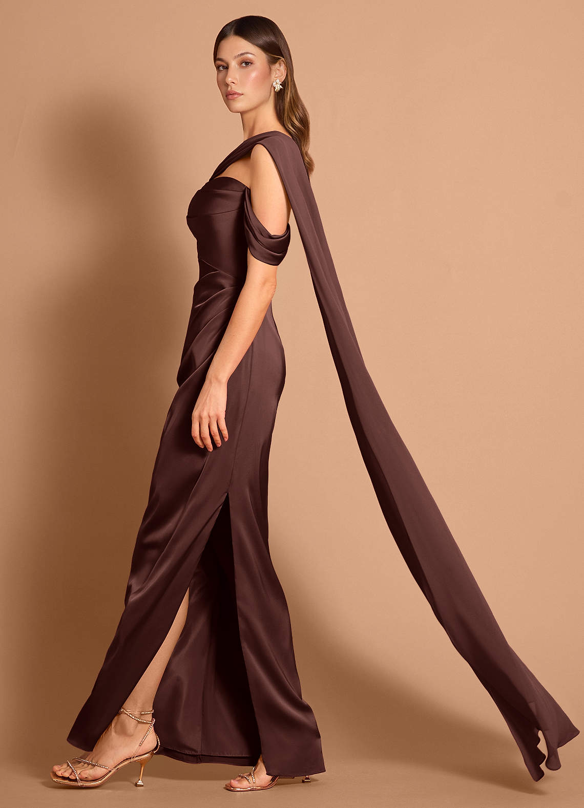 Meliora Asymmetric Strapless Chiffon-Drape Stretch Satin Evening Dress in Mocha Coco
