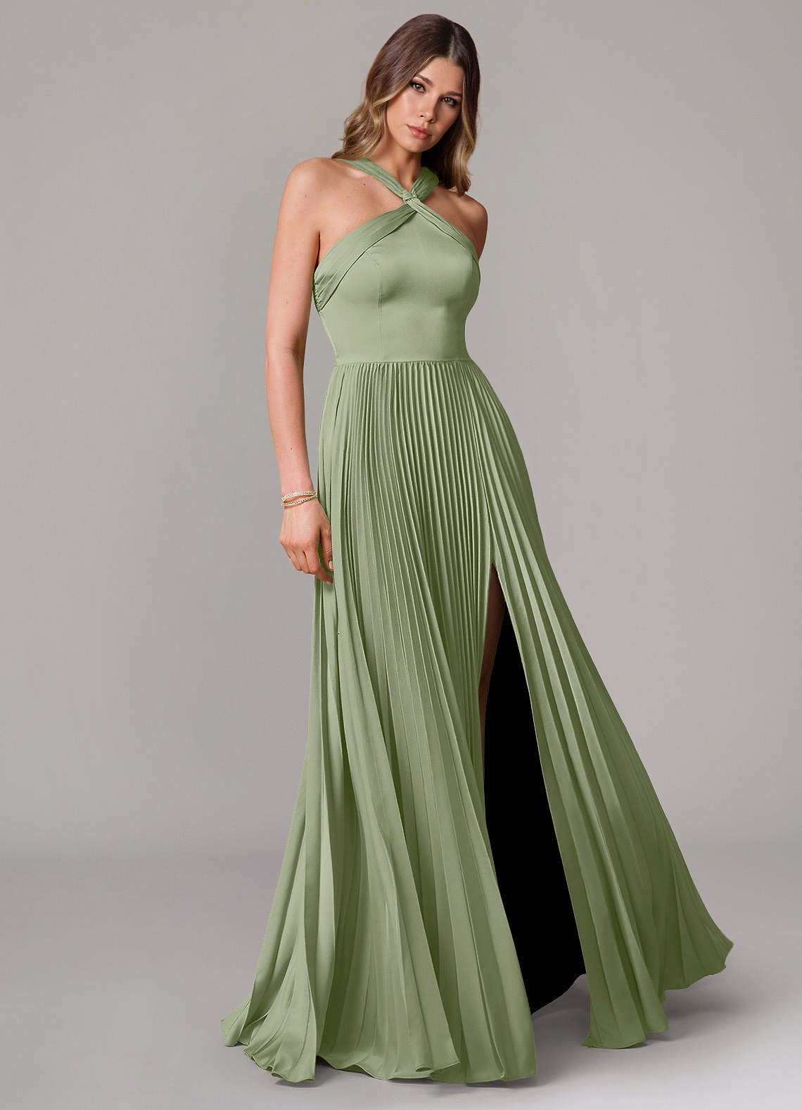 Afra A-Line Halter-Neck Stretch Satin Bridesmaid Dress in Pistachio