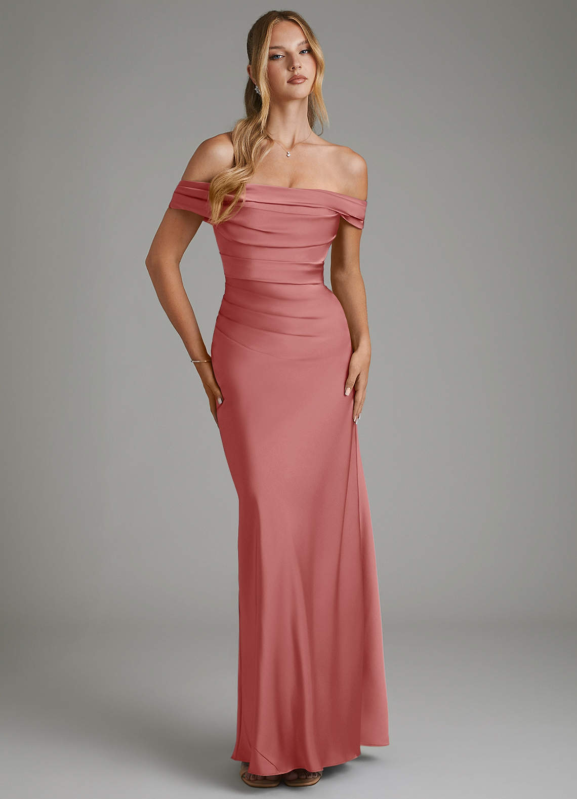 Hayden Mermaid Off-the-Shoulder Stretch Satin Bridesmaid Dress in Antique Rose