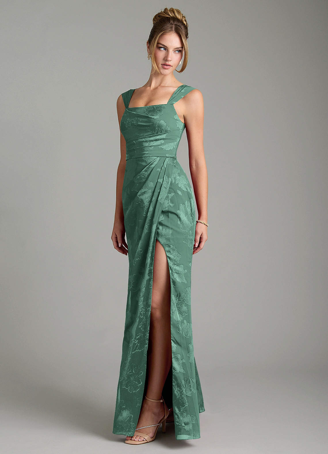 Kaelis Mermaid Scoop-Neck Jacquard Bridesmaid Dress in Eucalyptus