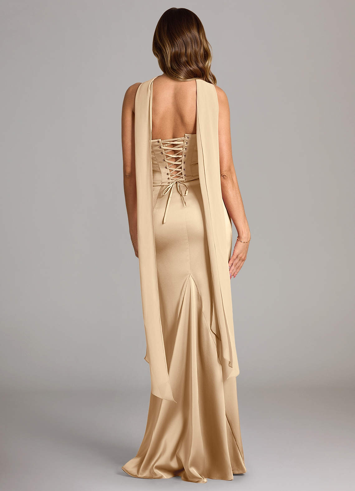 Sorrel Mermaid Cowl-Neck Stretch Satin and Chiffon Bridesmaid Dress in Champagne