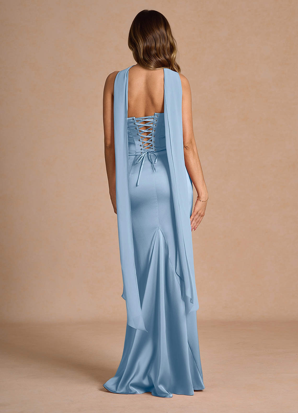 Sorrel Mermaid Corset Stretch Satin Evening Set in Haze blue
