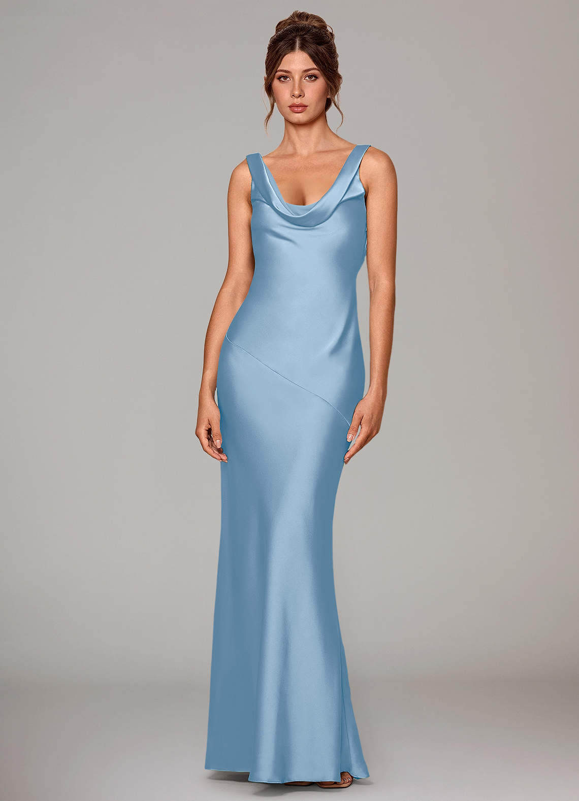 Rylina Mermaid Cowl-Neck Stretch Satin Bridesmaid Dress in Powder Blue