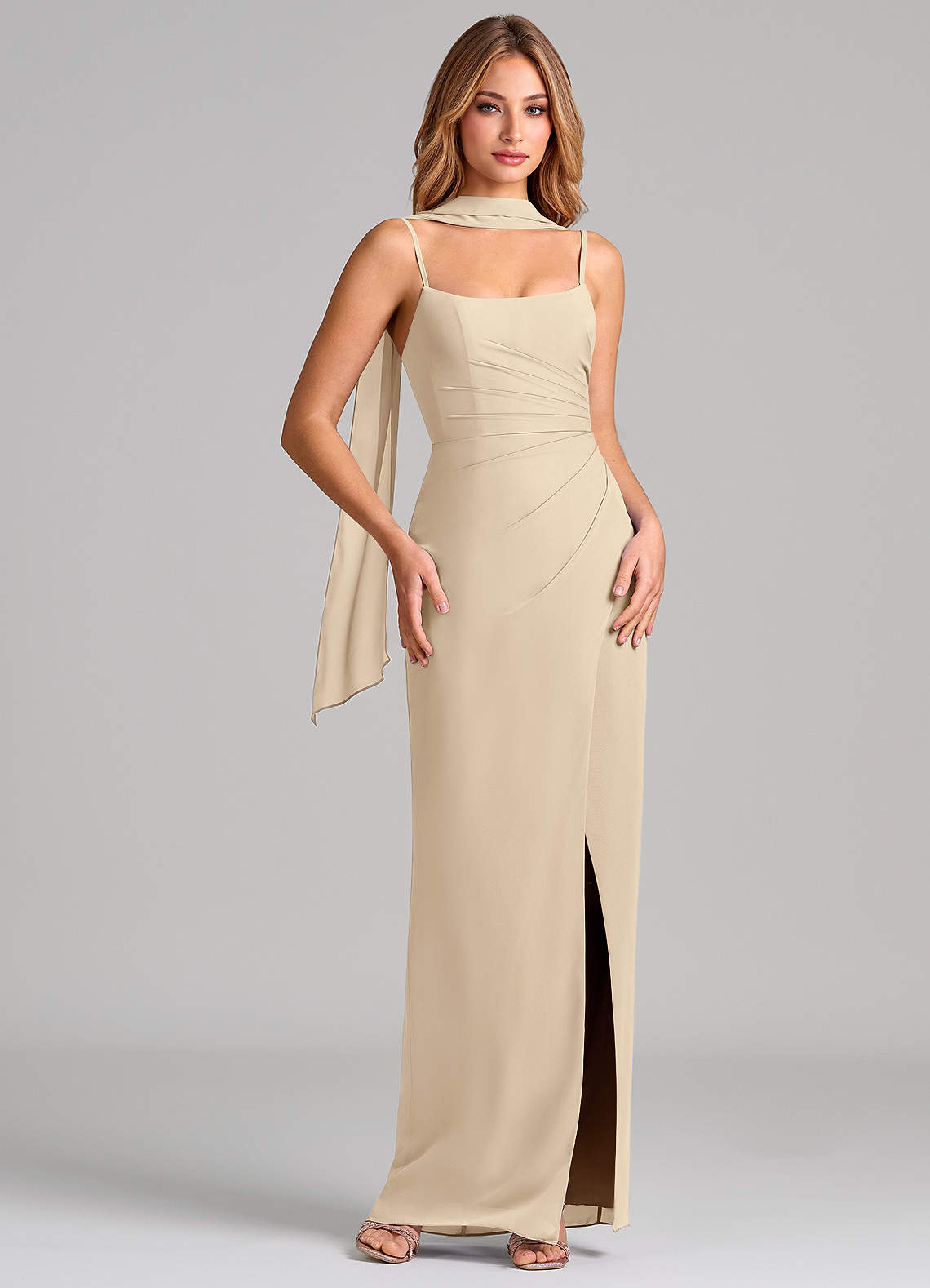 Calandra Sheath Scoop-Neck Chiffon Bridesmaid Dress in Champagne