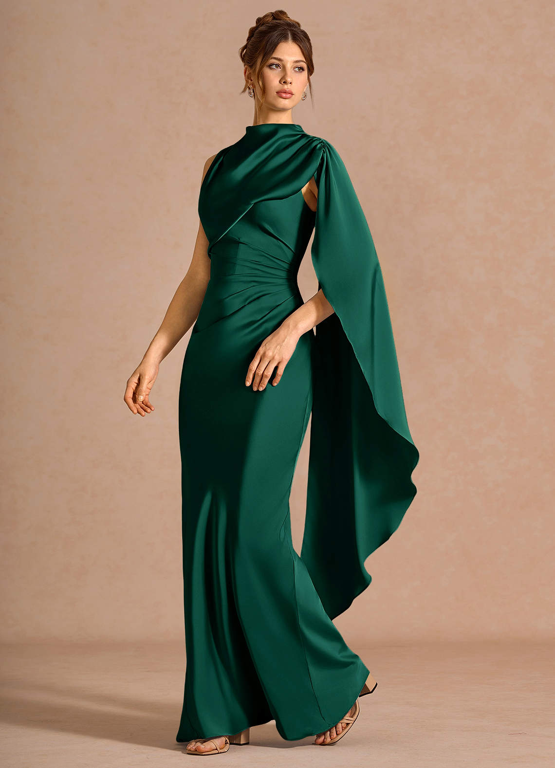 Chesney Cape-Sleeve Pleated Stretch Satin Wedding Guest Dress in Hunter Green