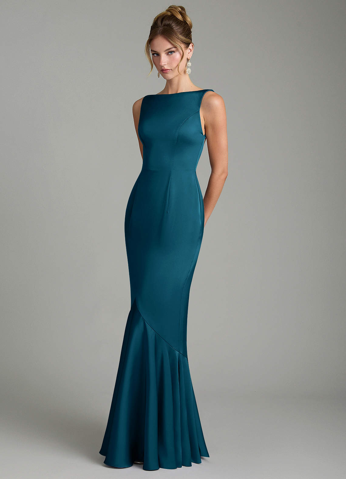 Tamera Mermaid Boat-Neck Stretch Satin and Chiffon Bridesmaid Dress in Ink Blue