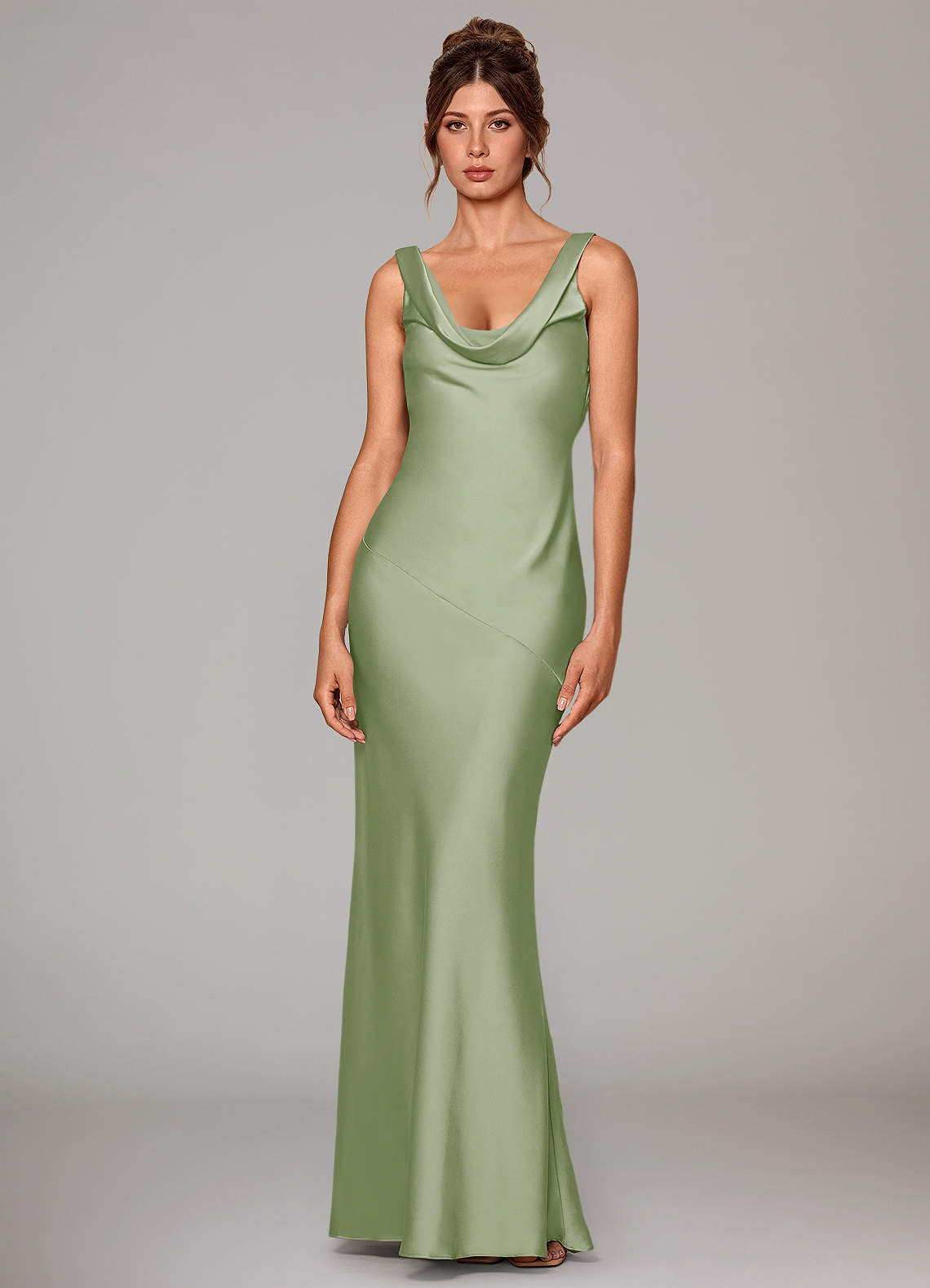 Rylina Mermaid Cowl-Neck Stretch Satin Bridesmaid Dress in Dusty Sage