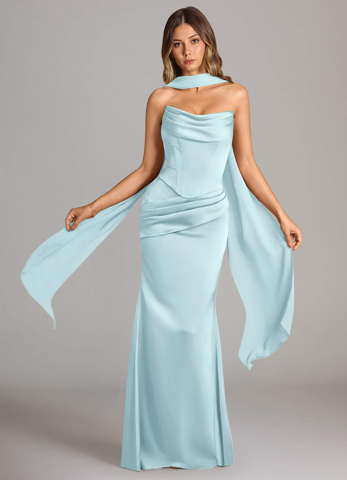 Sorrel Mermaid Cowl-Neck Stretch Satin and Chiffon Bridesmaid Dress in Cloud Blue