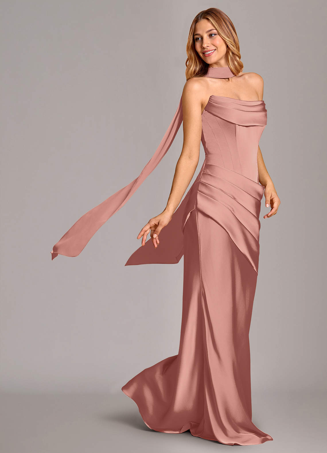 Pelagia Mermaid Cowl-Neck Stretch Satin Bridesmaid Dress in Rosette