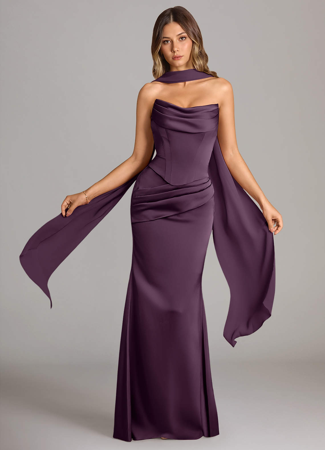 Sorrel Mermaid Cowl-Neck Stretch Satin and Chiffon Bridesmaid Dress in Plum