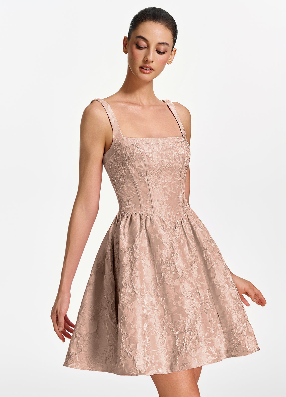 Lionelle Skater Mini Square-Neck Jacquard Prom Dress in Light Apricot - photo 3