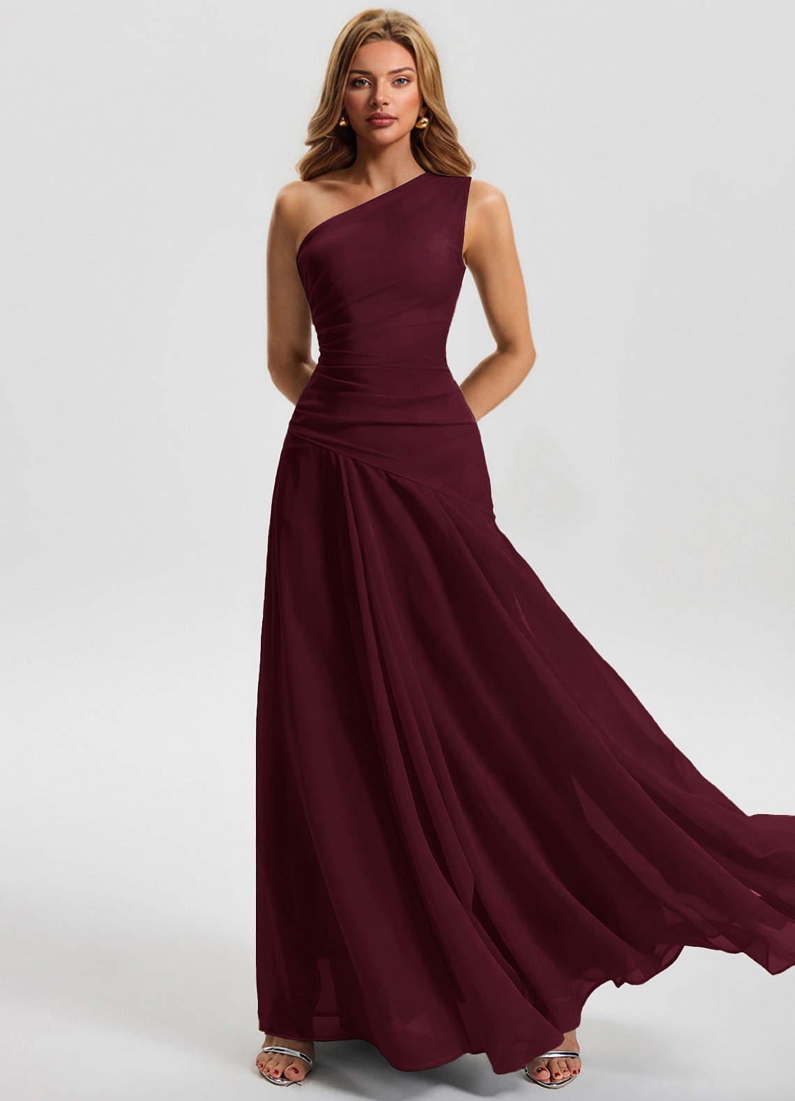 Sylvaine A-Line One-Shoulder Chiffon Wedding Guest Dress in Ganache
