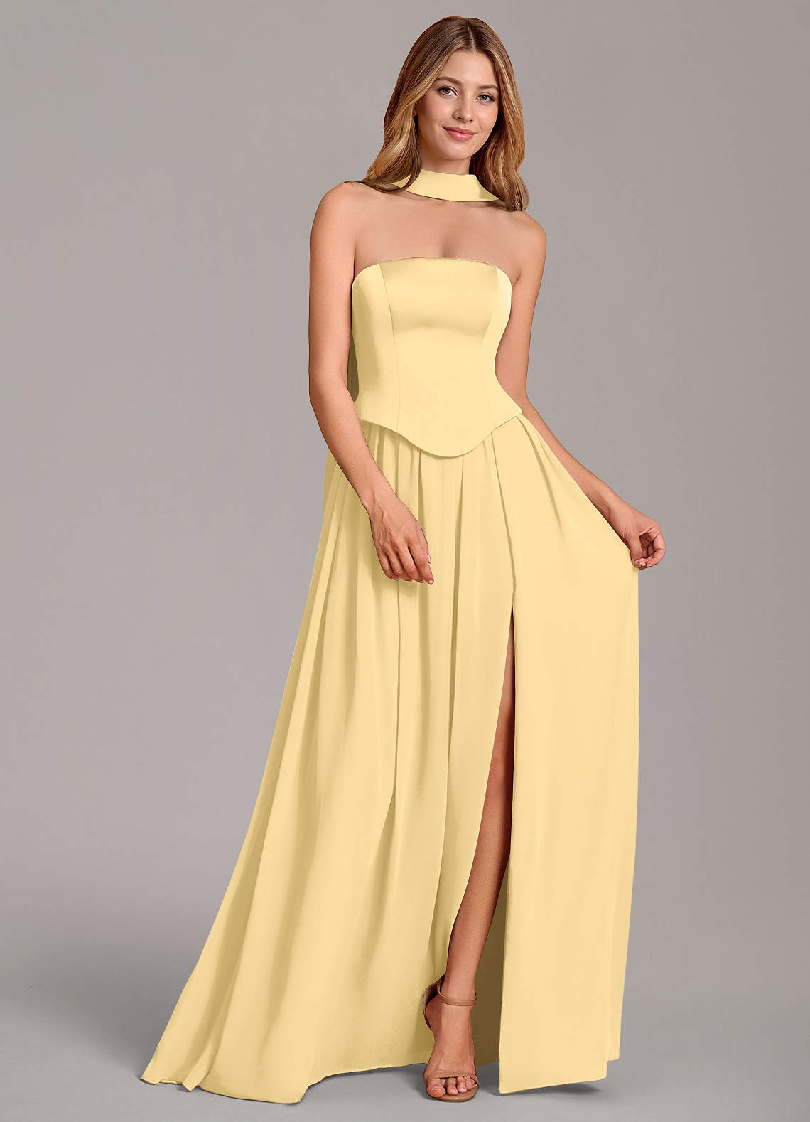 Cadence A-Line Strapless Chiffon and Stretch Satin Bridesmaid Dress in Butter