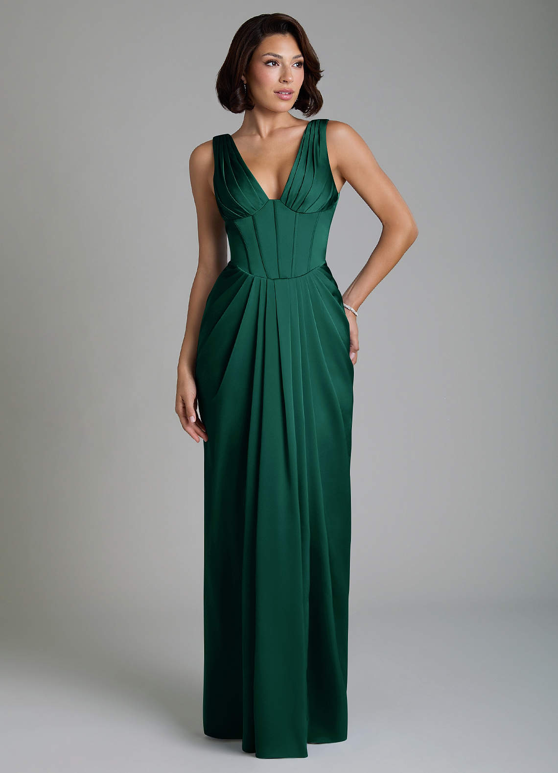 Vanya Sheath V-Neck Stretch Satin Bridesmaid Dress in Emerald