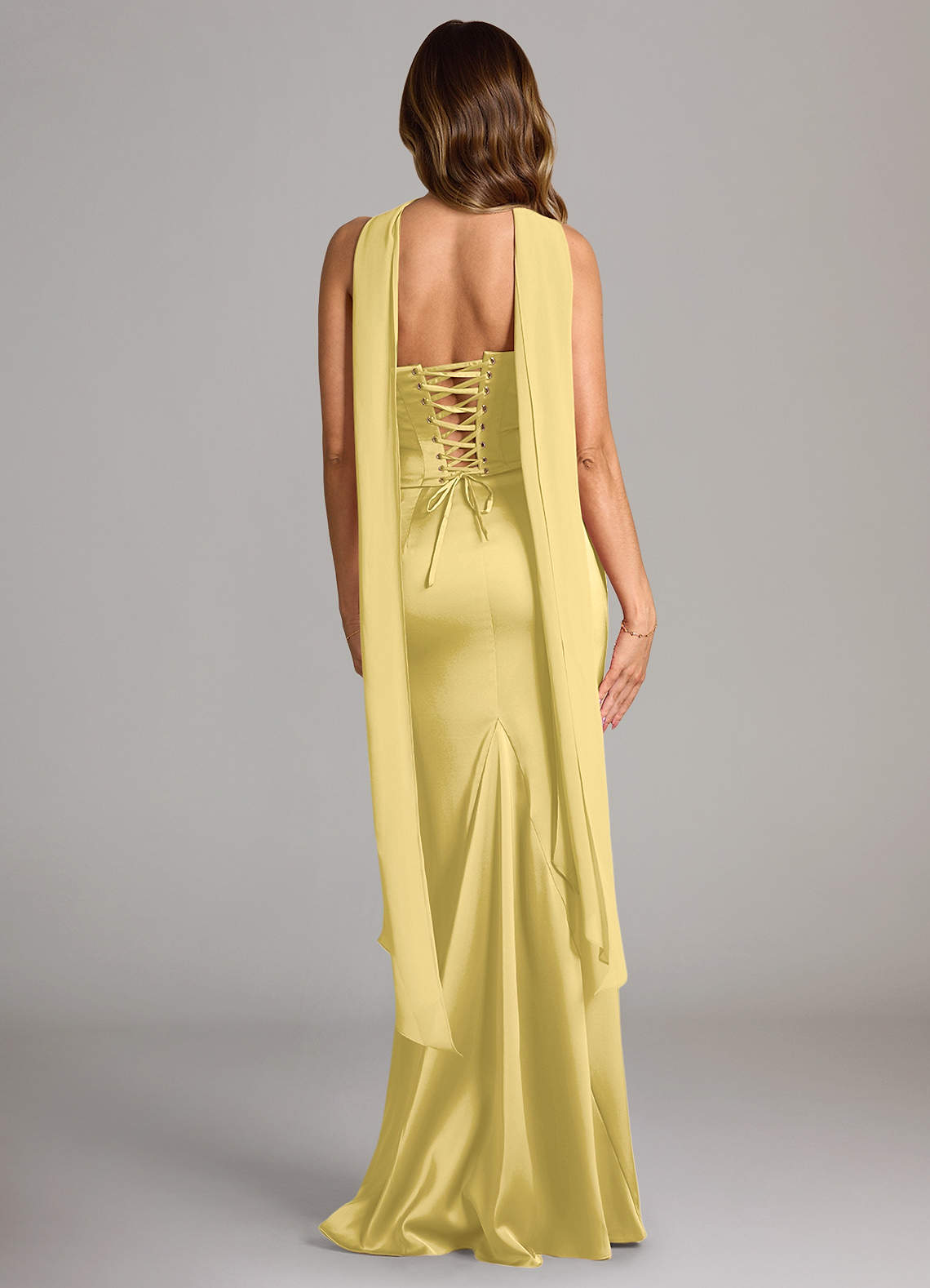 Sorrel Mermaid Cowl-Neck Stretch Satin and Chiffon Bridesmaid Dress in Canary