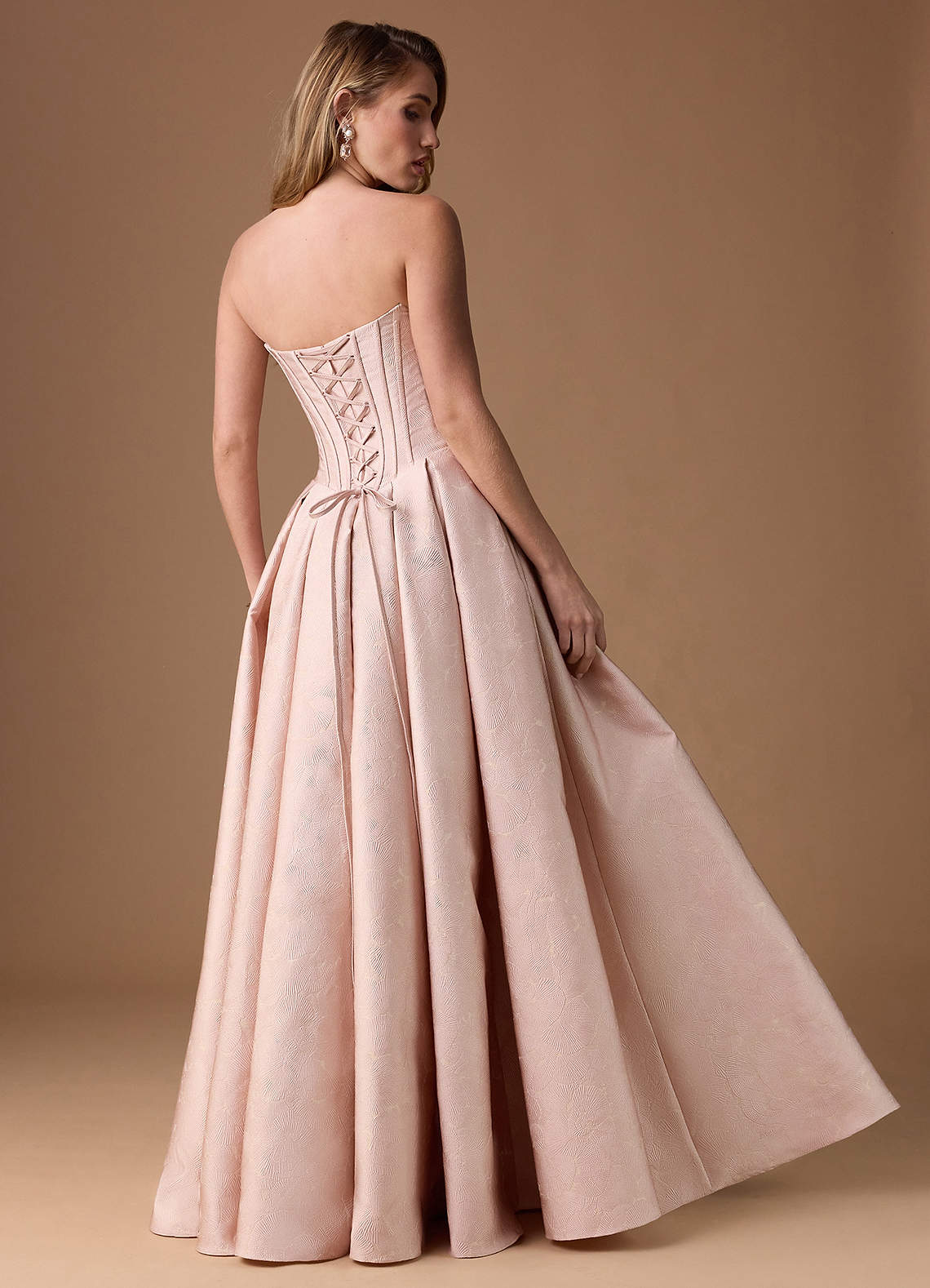 Symone Ball Gown Strapless Jacquard Evening Dress in Oyster Pink